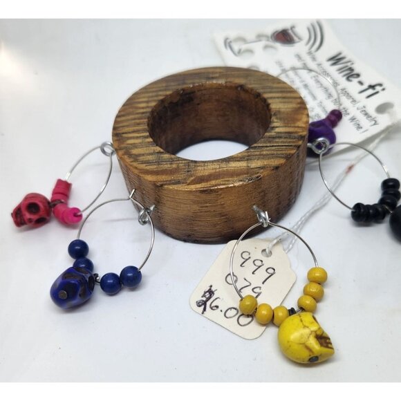 Skull Colorful Wine Glass Charms Set - 6  Themed Unique Charms With Beads & Wood - Picture 6 of 14